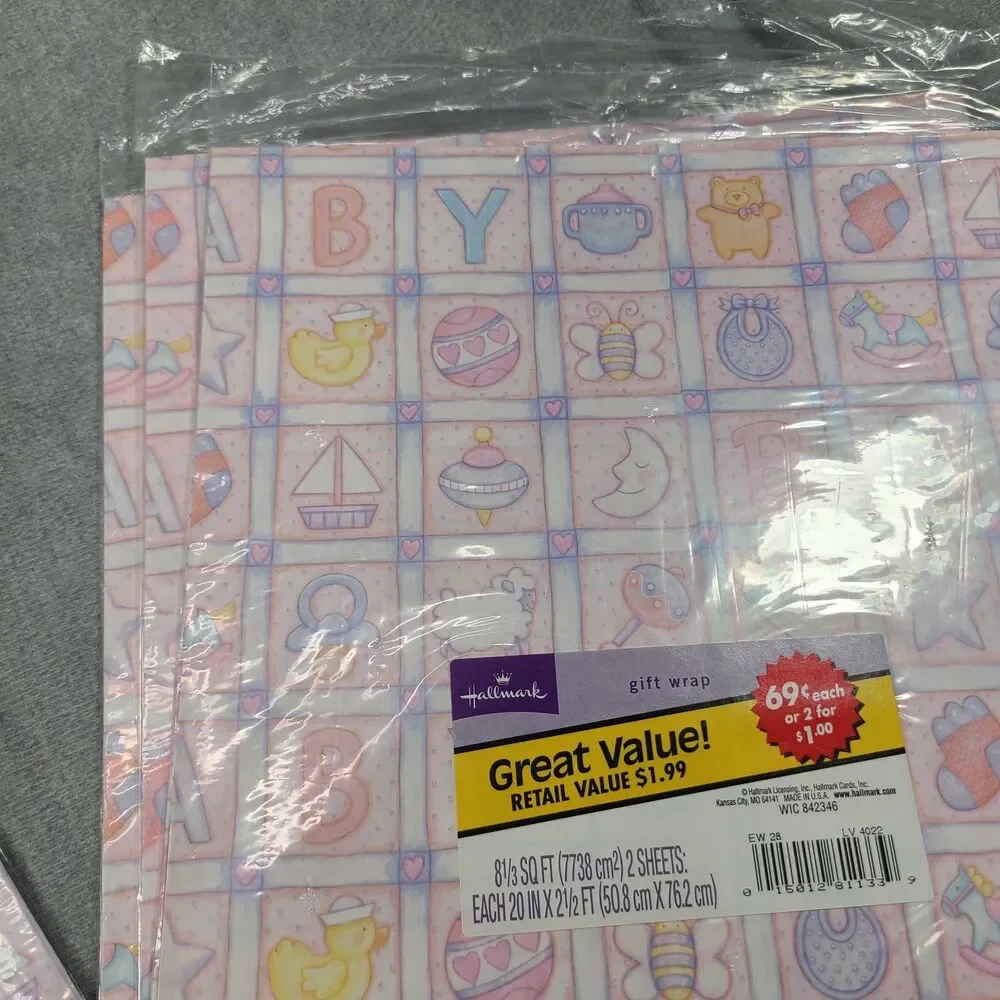 Vintage Baby Wrapping Paper Lot Hallmark Nursery Ducks Plaid 8 Sheets Square